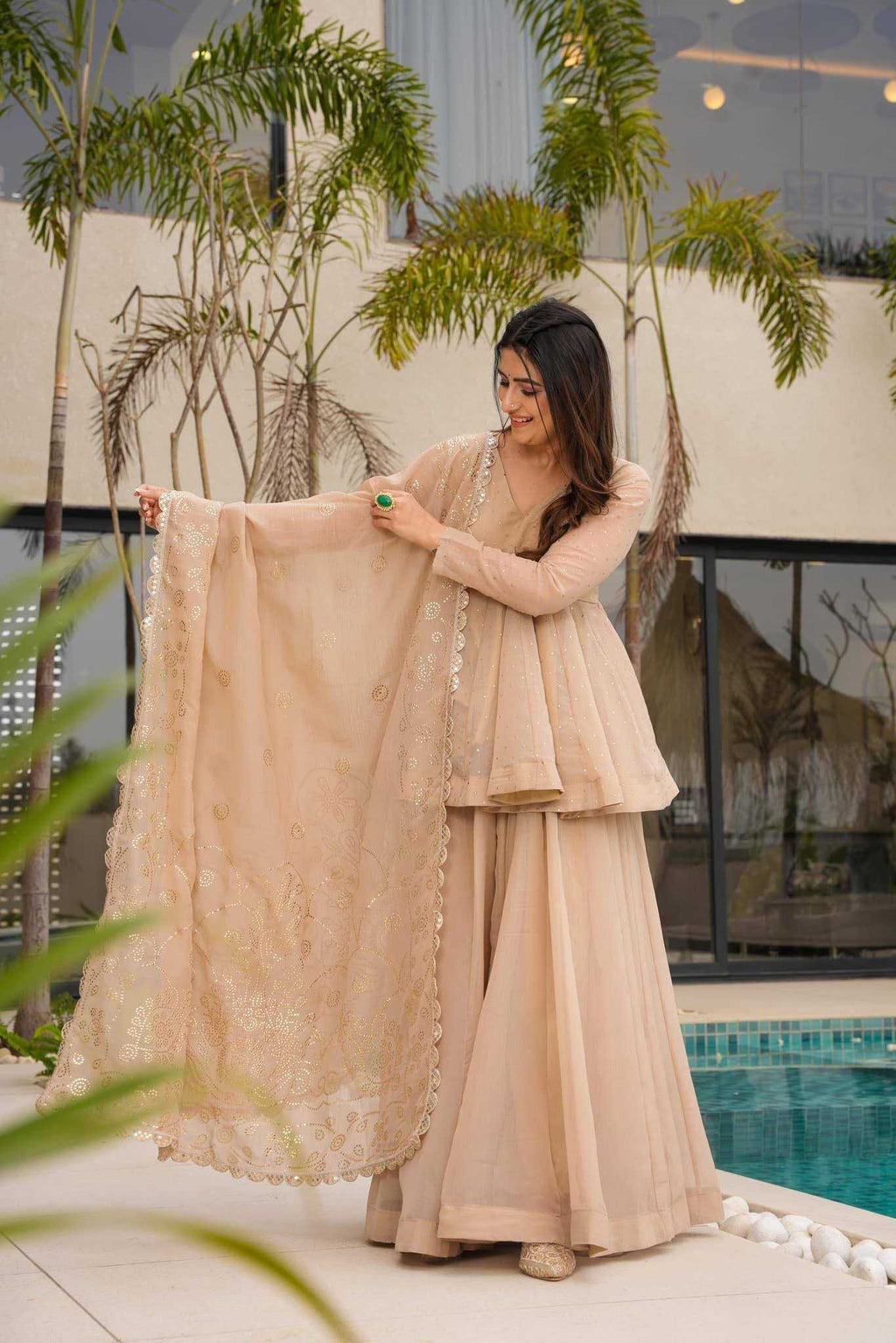 Tabby Organza Silk Sharara Salwar Suit (Beige) UNV-ST-037