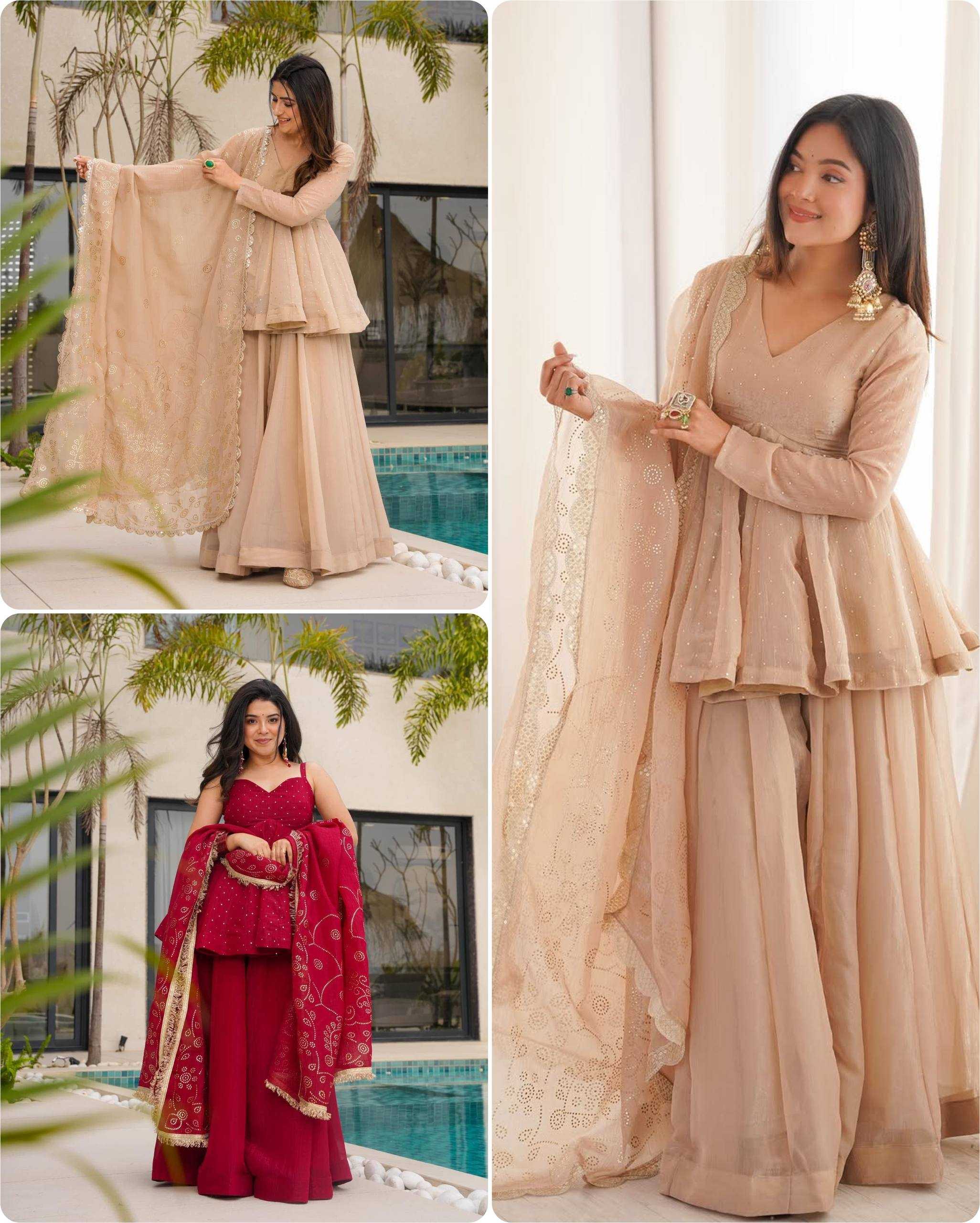 Tabby Organza Silk Sharara Salwar Suit (Beige) UNV-ST-037