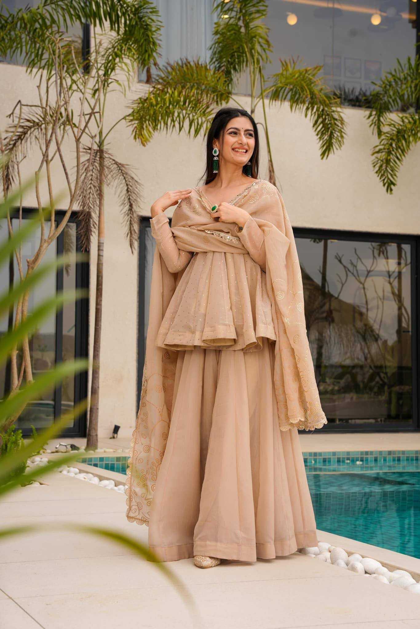 Tabby Organza Silk Sharara Salwar Suit (Beige) UNV-ST-037