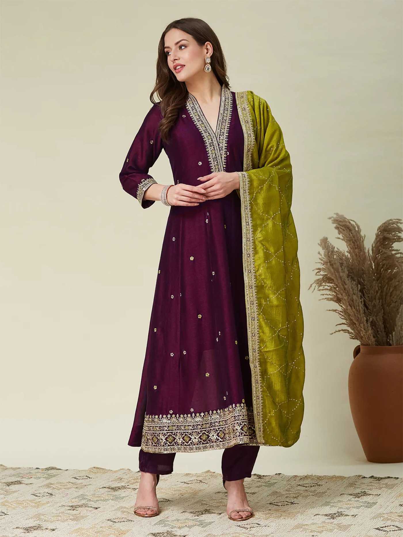 Vichitra  Silk Embroidered Anarkali  Suit (Wine) UNV-ST-017