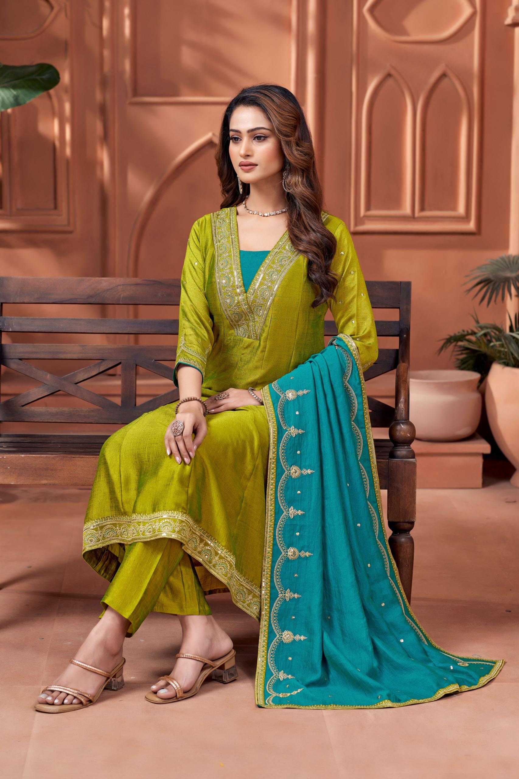Vichitra Silk Anarkali Suit (Mehndi) UNV-ST-019