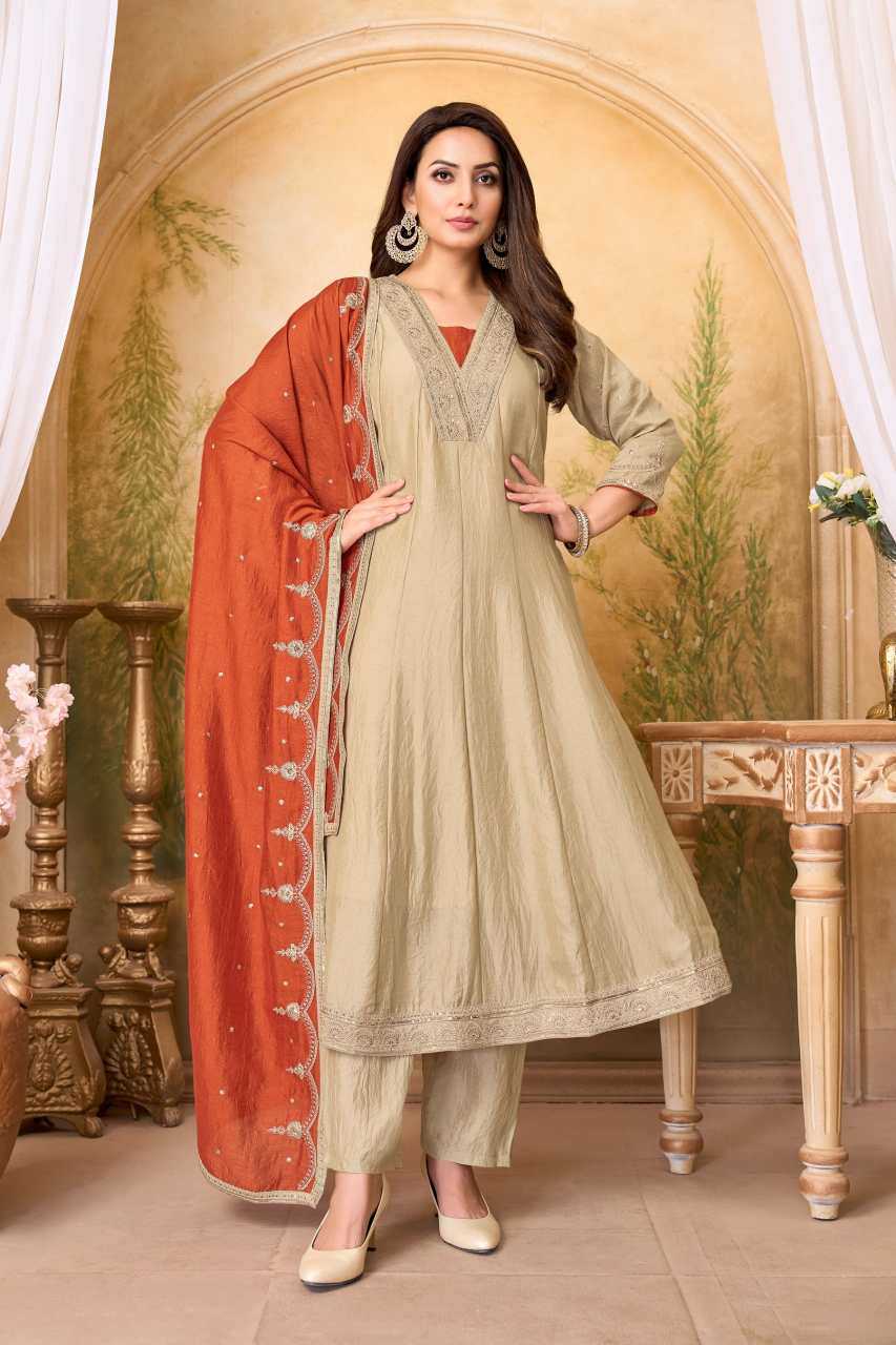 Vichitra Silk Anarkali Suit (Beige) UNV-ST-019