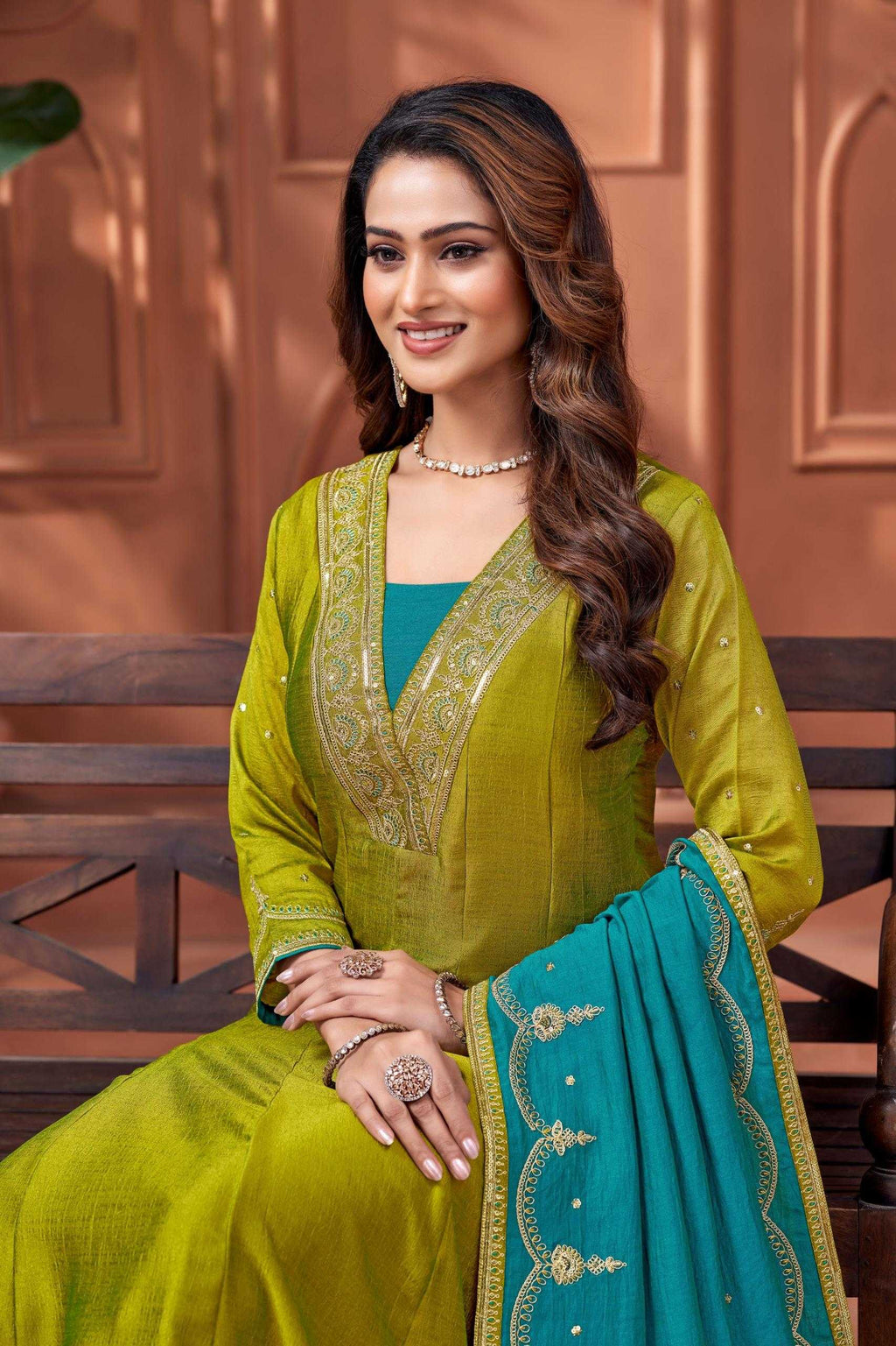Vichitra Silk Anarkali Suit (Mehndi) UNV-ST-019