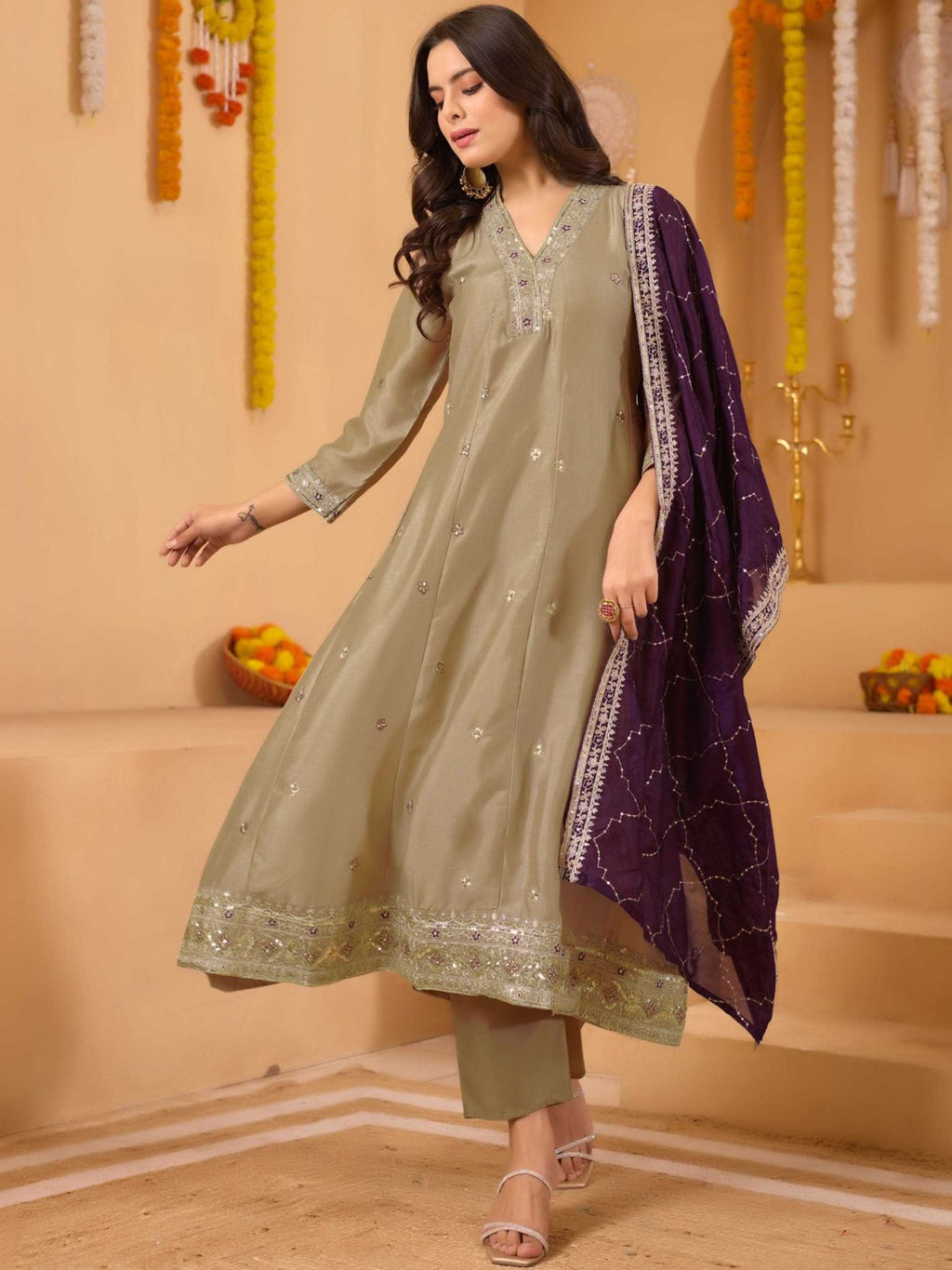 Vichitra  Silk Embroidered Anarkali  Suit (Beige) UNV-ST-017