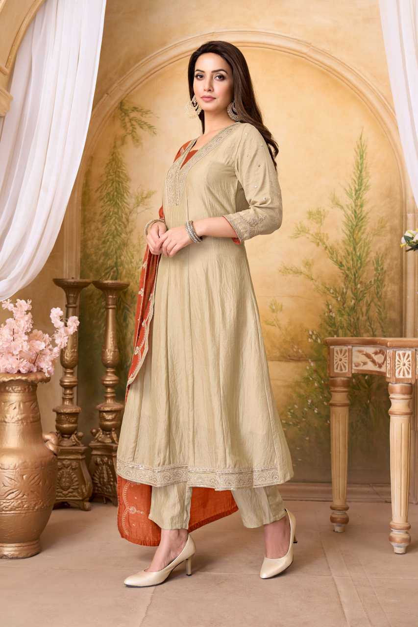 Vichitra Silk Anarkali Suit (Beige) UNV-ST-019