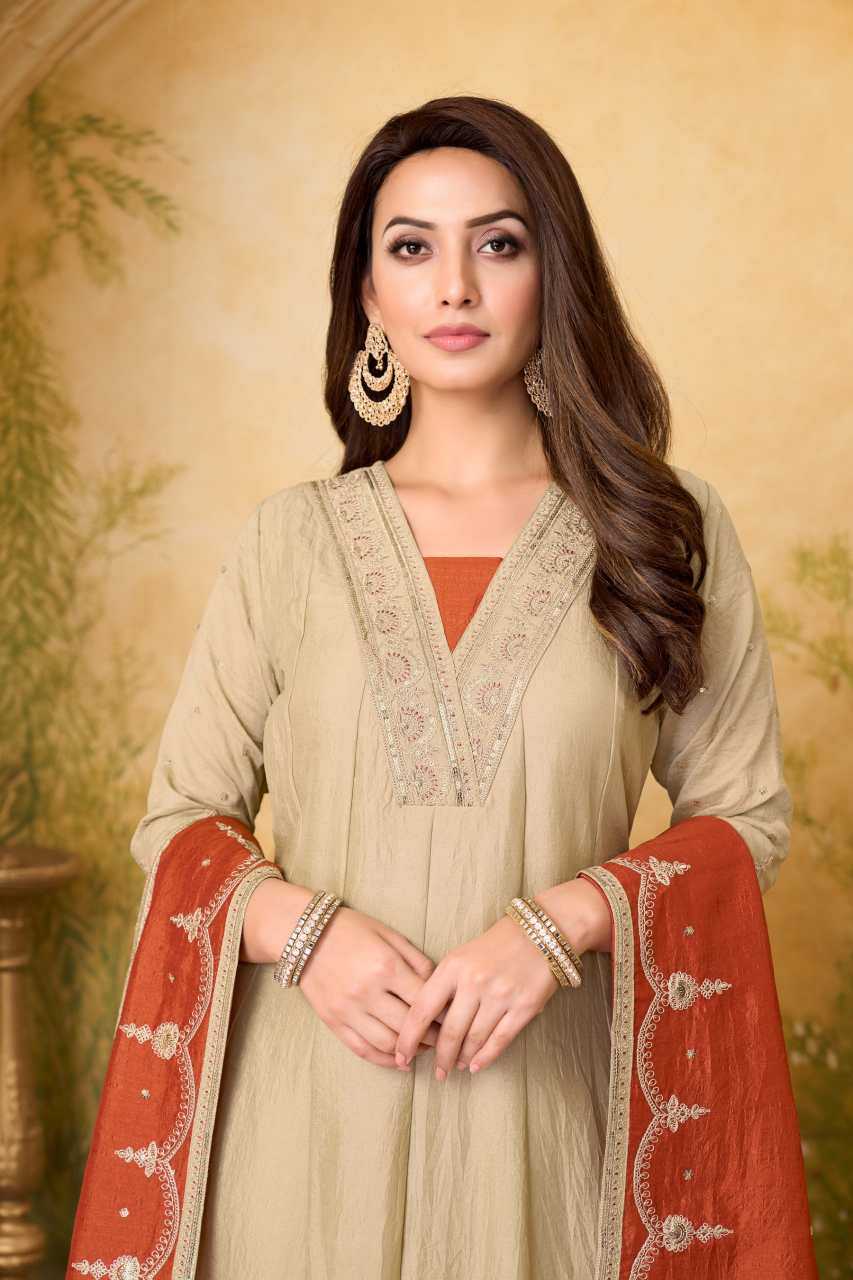 Vichitra Silk Anarkali Suit (Beige) UNV-ST-019
