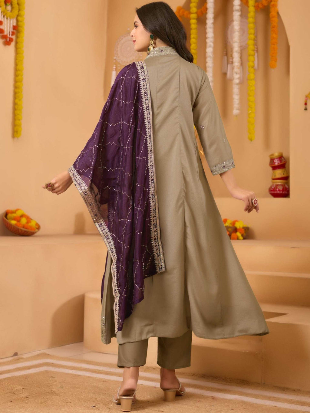 Vichitra  Silk Embroidered Anarkali  Suit (Beige) UNV-ST-017