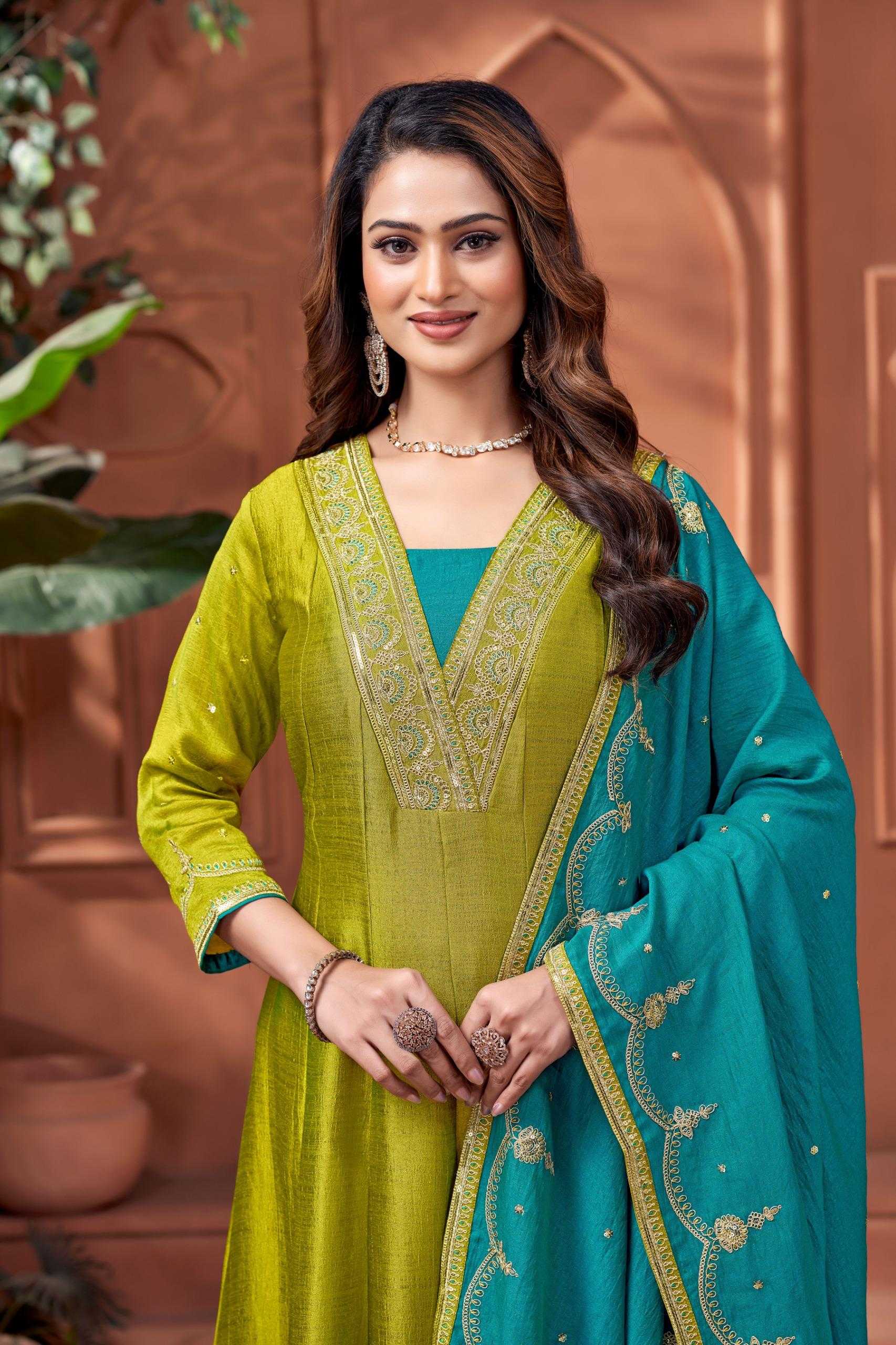 Vichitra Silk Anarkali Suit (Mehndi) UNV-ST-019