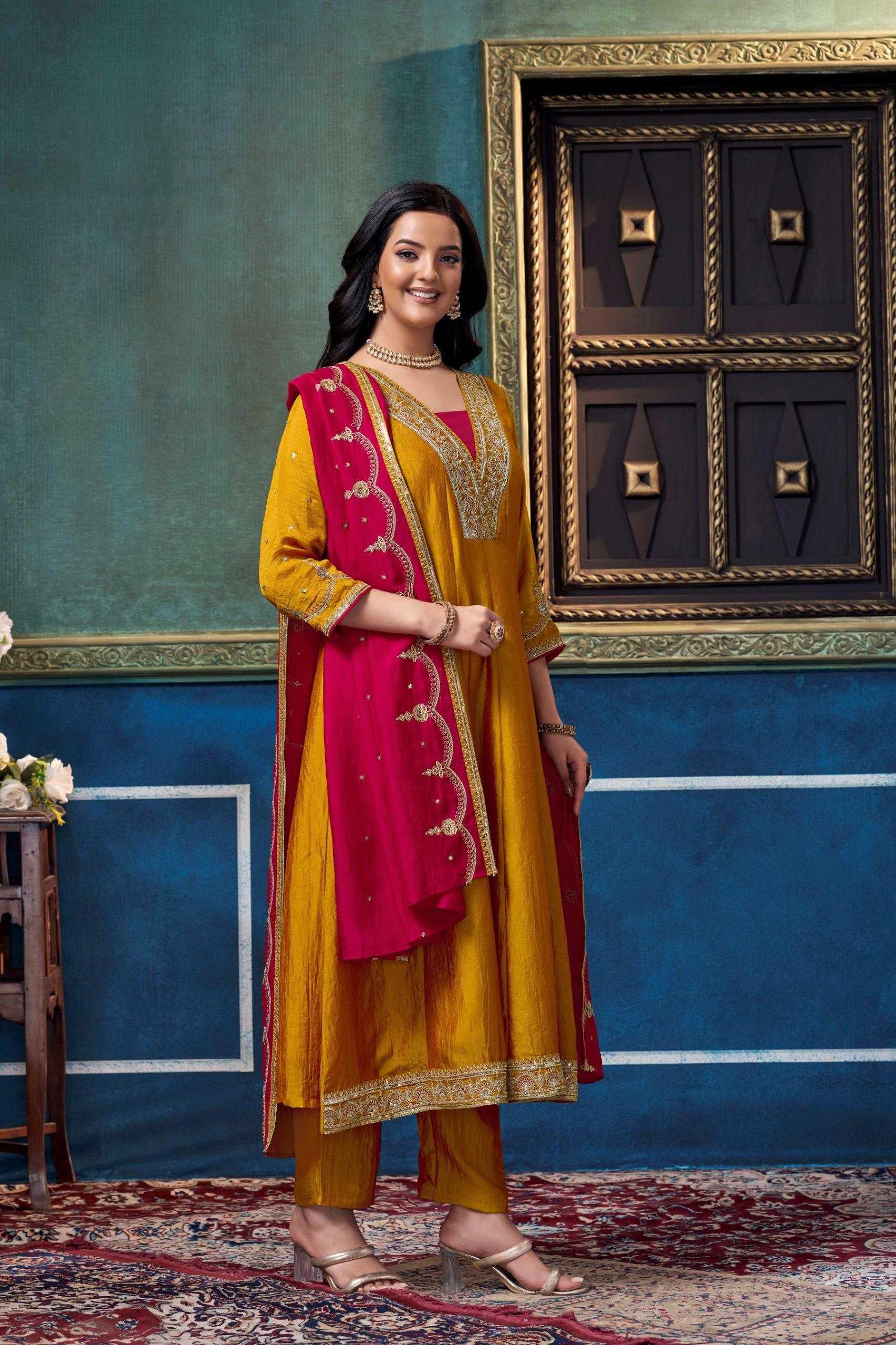 Vichitra Silk Anarkali Suit (Mustard) UNV-ST-019