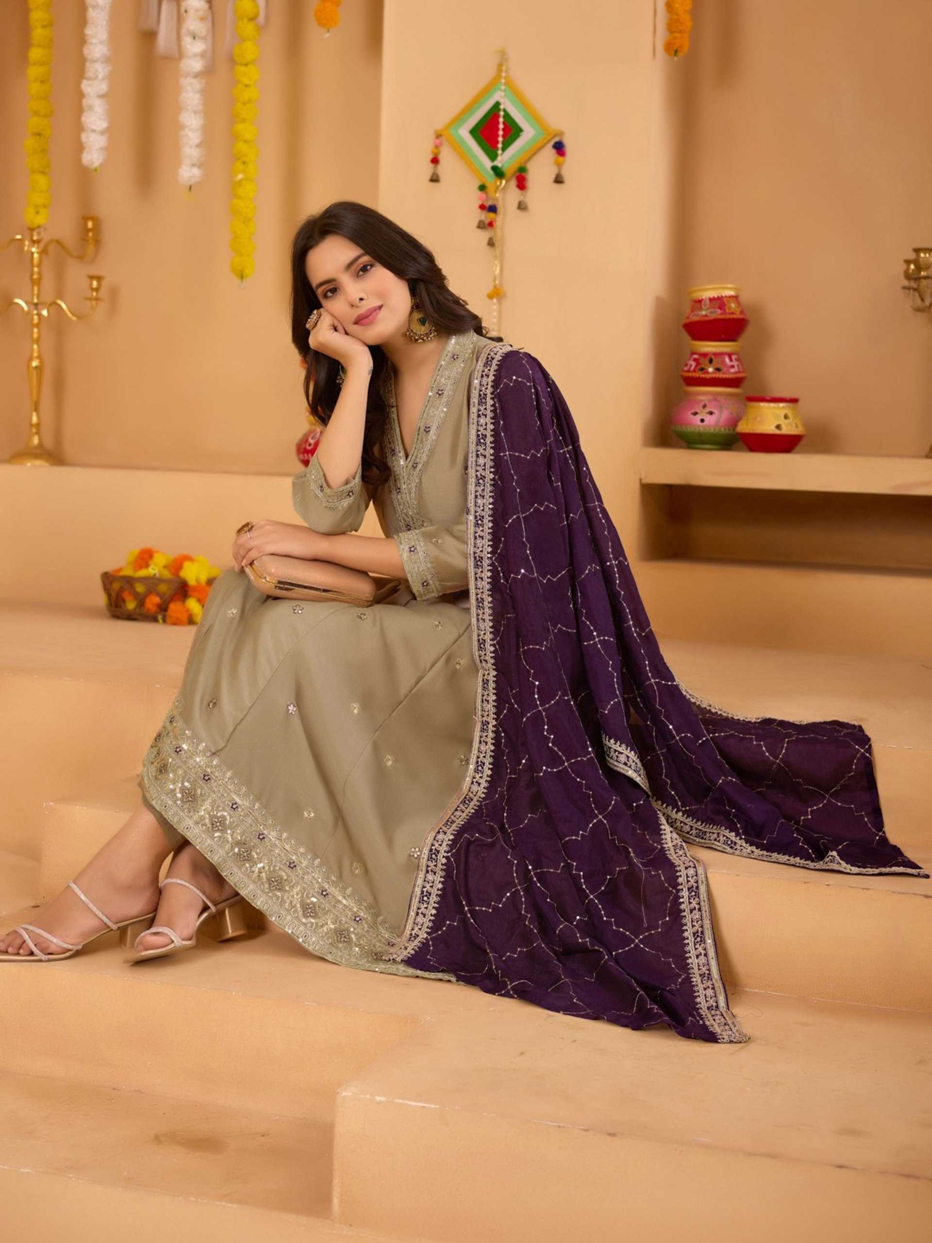 Vichitra  Silk Embroidered Anarkali  Suit (Beige) UNV-ST-017