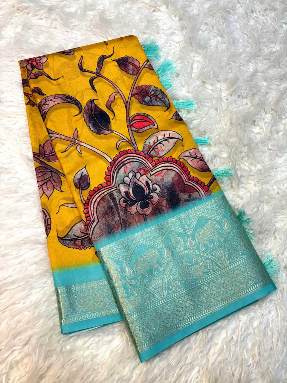 Printed Kalamkari zari Saree (Yellow) UNV-SR-017