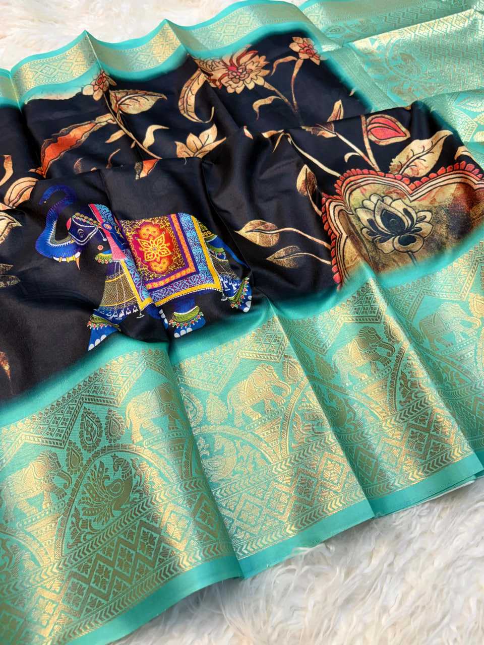 Printed Kalamkari zari Saree (Black) UNV-SR-017