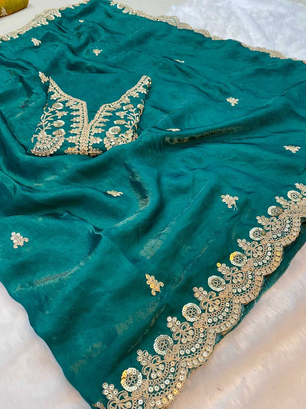 Chiffon Sequin Embroidered Saree(Bottle Green) UNV-SR-001