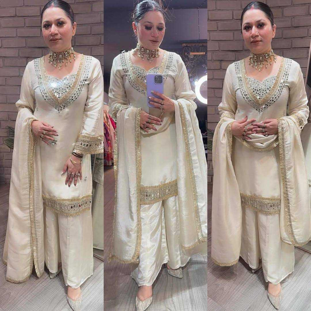 Designer Embroidered Plazzo Suit (Cream) UNV-ST-001