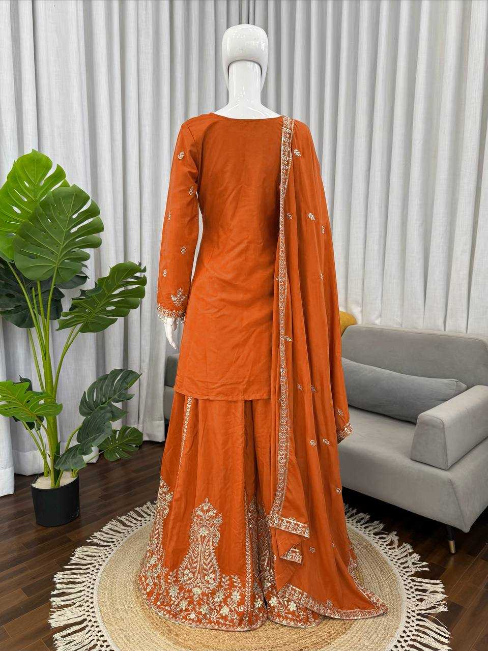 Crepe Party Wear Sharara Salwar Suit (Orange) UNV-ST-038