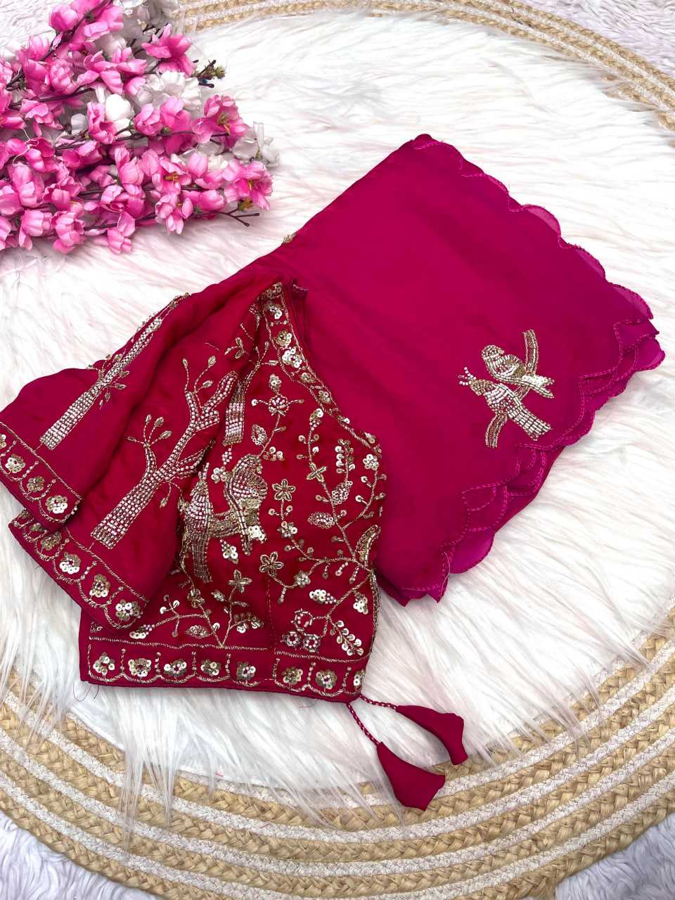 Handwork Cutwork satin Saree (Rani) UNV-SR-019