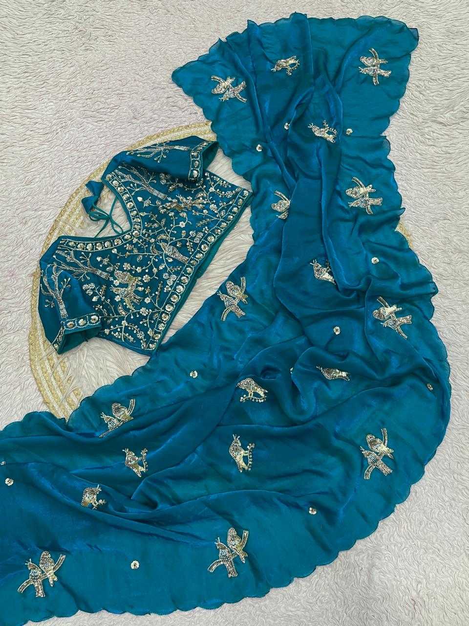 Handwork Cutwork satin Saree (Sky Blue) UNV-SR-019