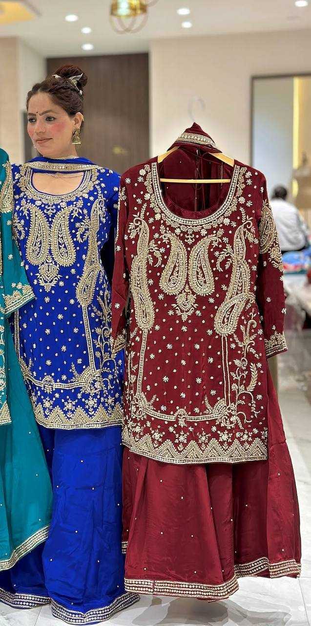 Chinon Silk Embroidered Suit Set with Palazzo & Dupatta