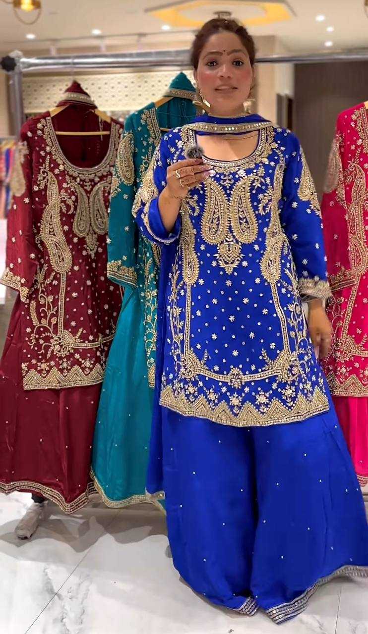 Chinon Silk Embroidered Suit Set with Palazzo & Dupatta