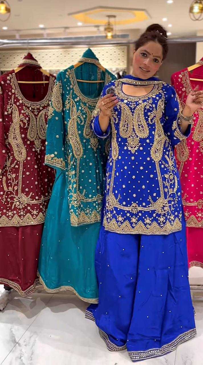 Chinon Silk Embroidered Suit Set with Palazzo & Dupatta