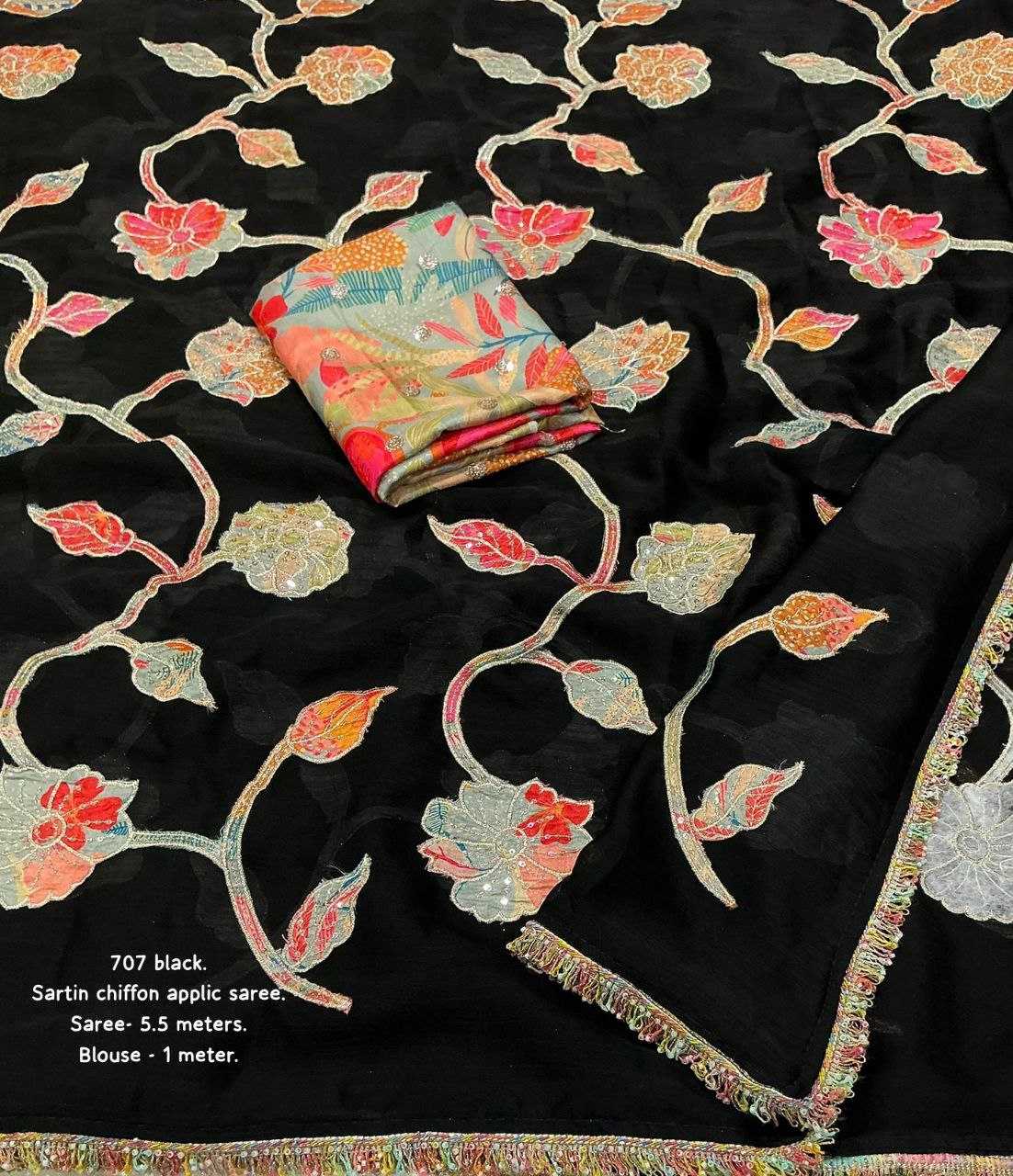 Black Satin Chiffon Saree with Floral Appliqué Work & Printed Blouse