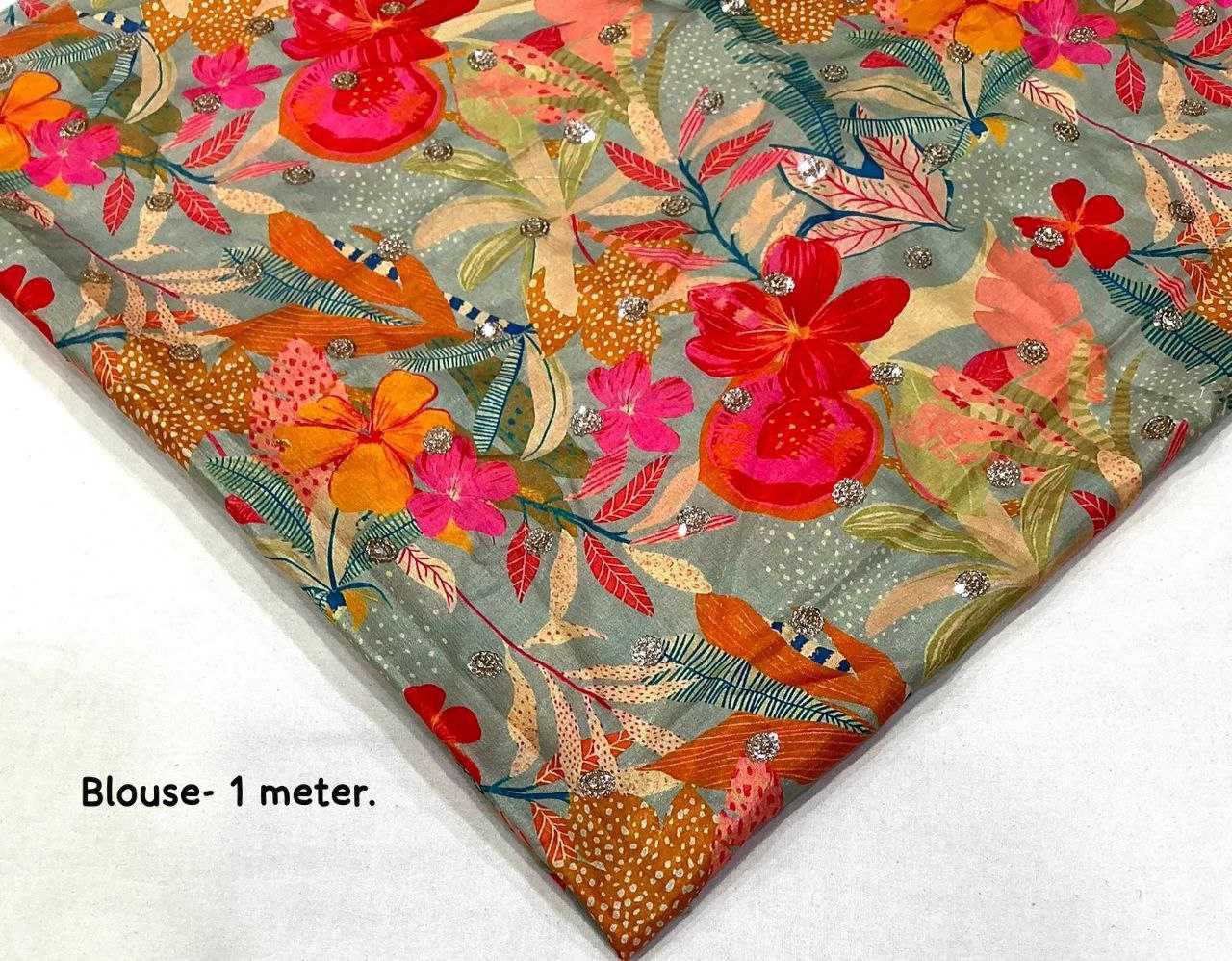 Black Satin Chiffon Saree with Floral Appliqué Work & Printed Blouse