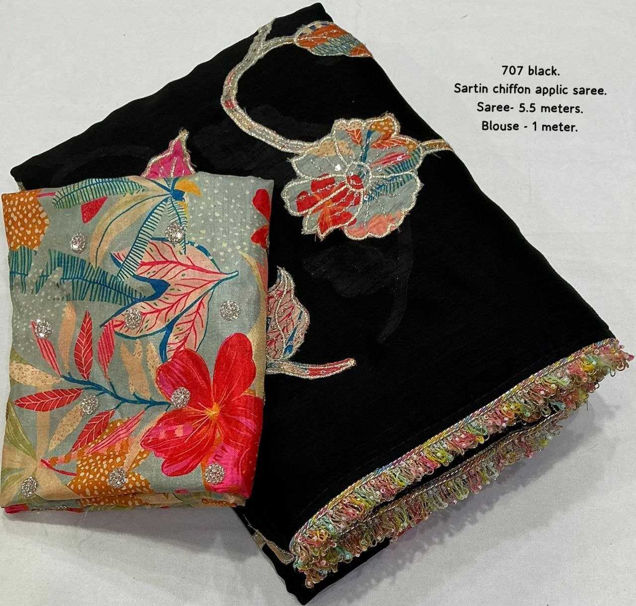 Black Satin Chiffon Saree with Floral Appliqué Work & Printed Blouse