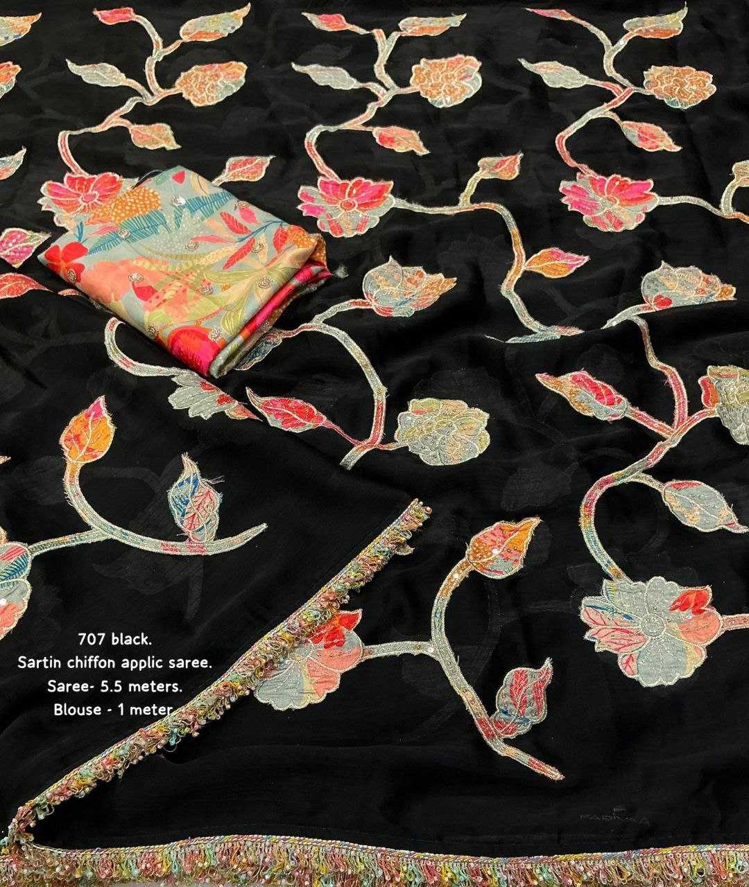Black Satin Chiffon Saree with Floral Appliqué Work & Printed Blouse