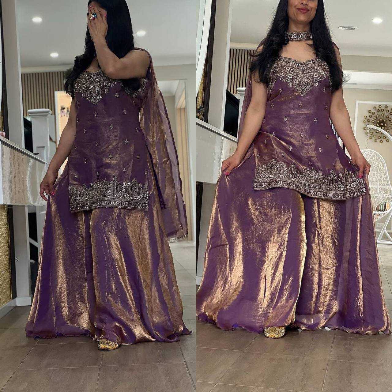 Elegant Purple Silk Blend Embroidered Suit Set