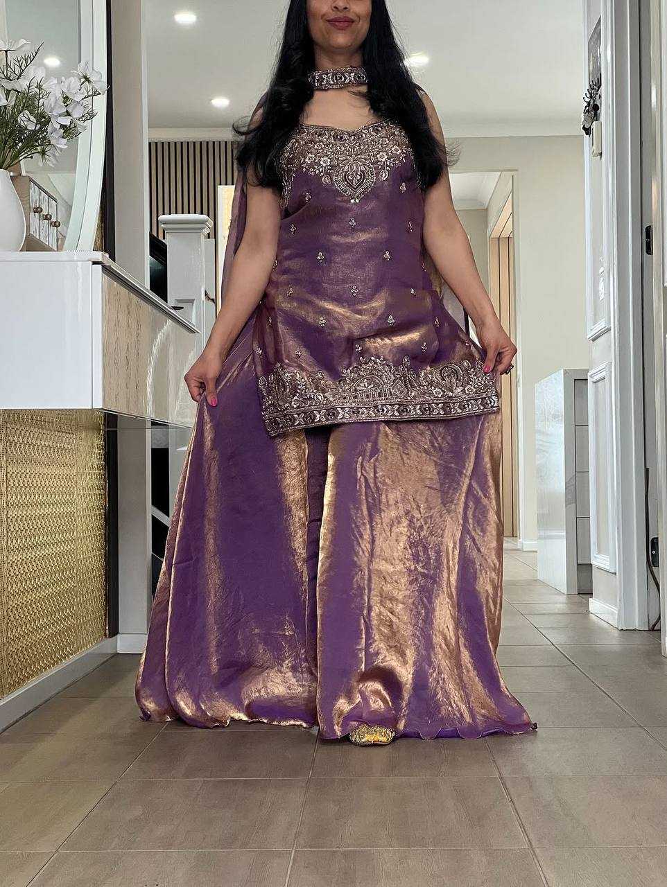 Elegant Purple Silk Blend Embroidered Suit Set
