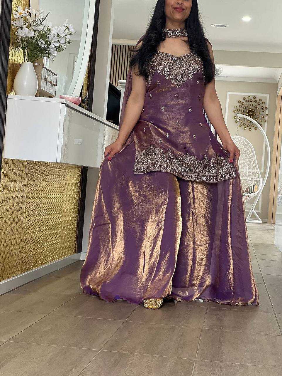 Elegant Purple Silk Blend Embroidered Suit Set