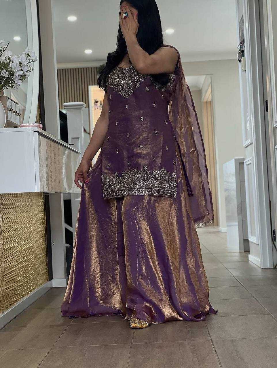 Elegant Purple Silk Blend Embroidered Suit Set