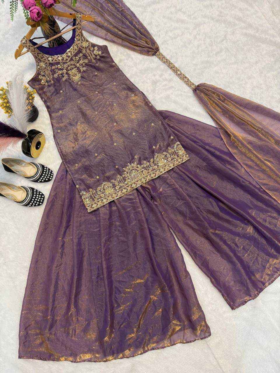 Elegant Purple Silk Blend Embroidered Suit Set