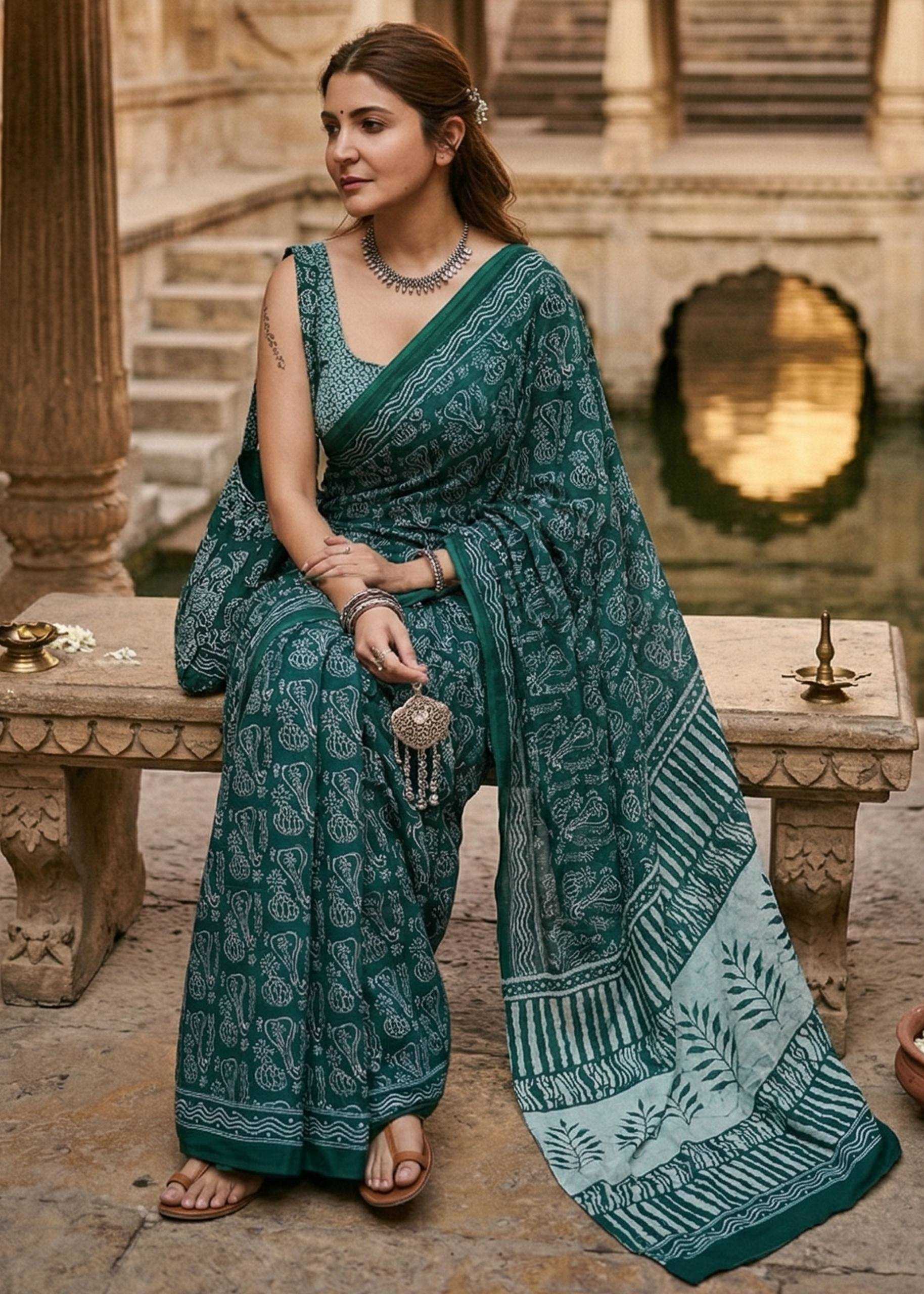 Blockprint Mulmul Cotton Saree (Rama Green) UNV-SR-003