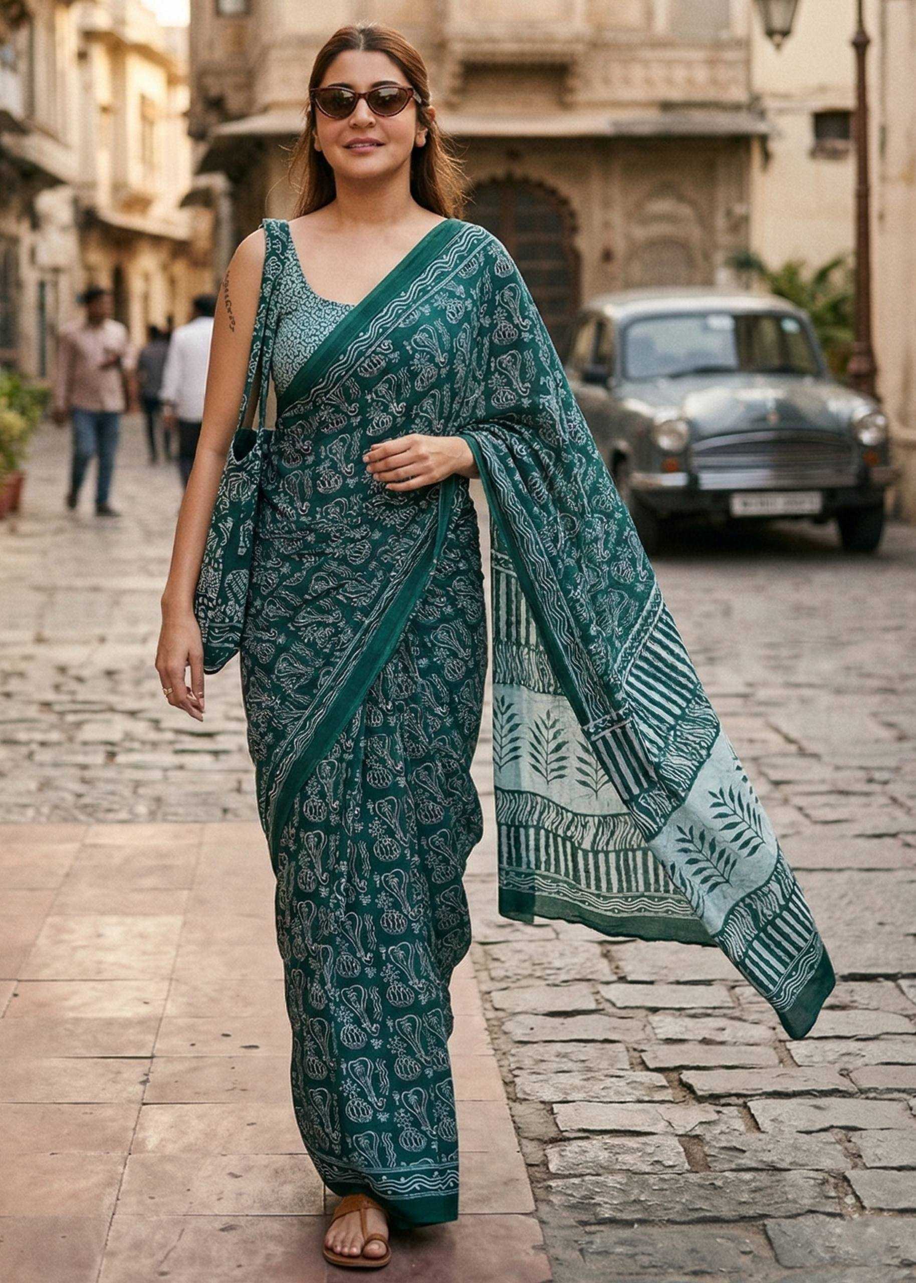 Blockprint Mulmul Cotton Saree (Rama Green) UNV-SR-003