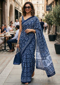 Blockprint Mulmul Cotton Saree (Navy Blue)  UNV-SR-003