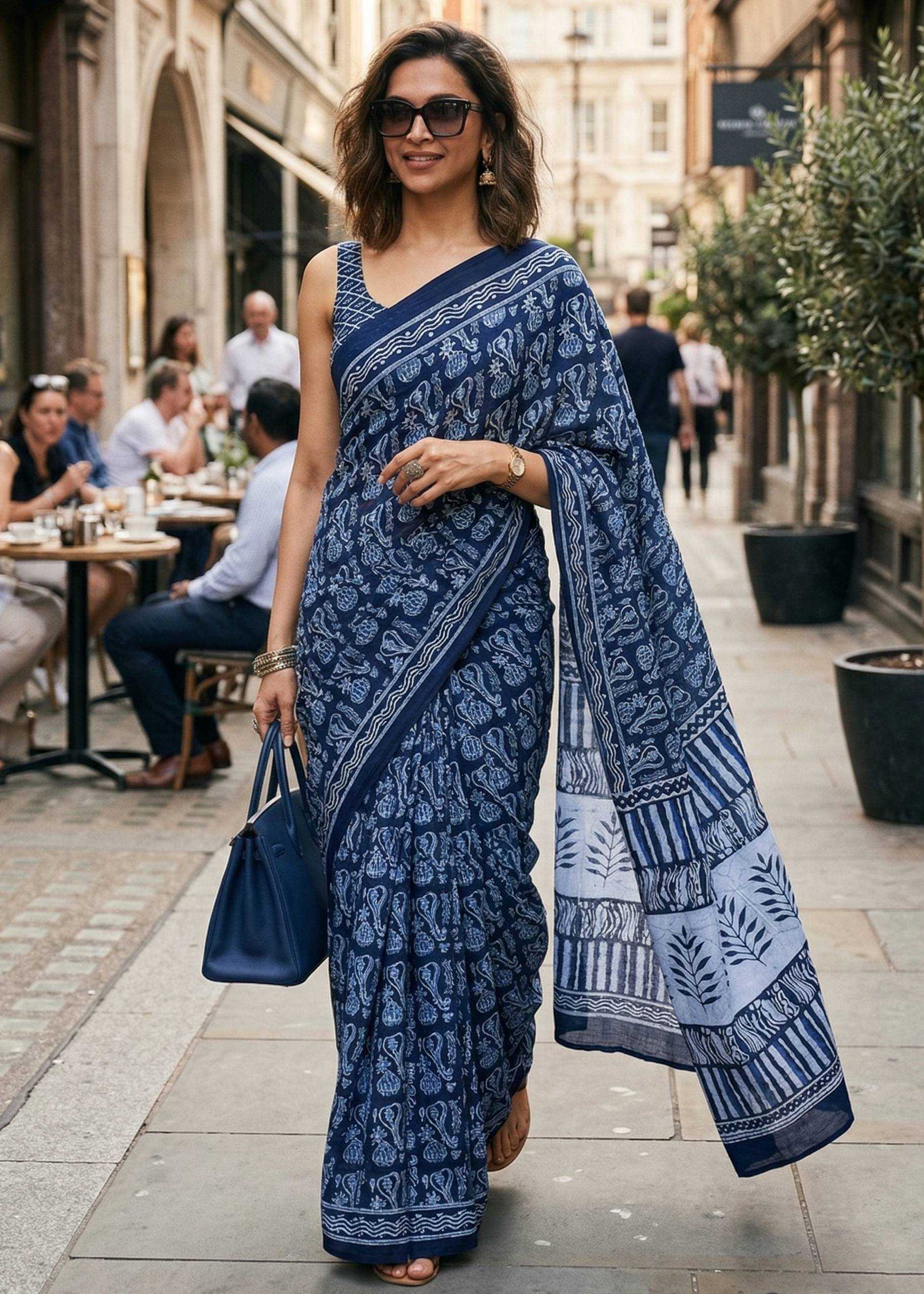 Blockprint Mulmul Cotton Saree (Navy Blue)  UNV-SR-003