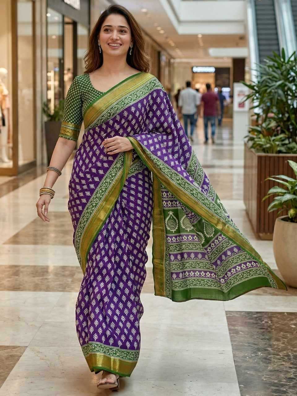 Printed Mulmul Zari Border Cotton Saree (Purple) UNV-SR-004