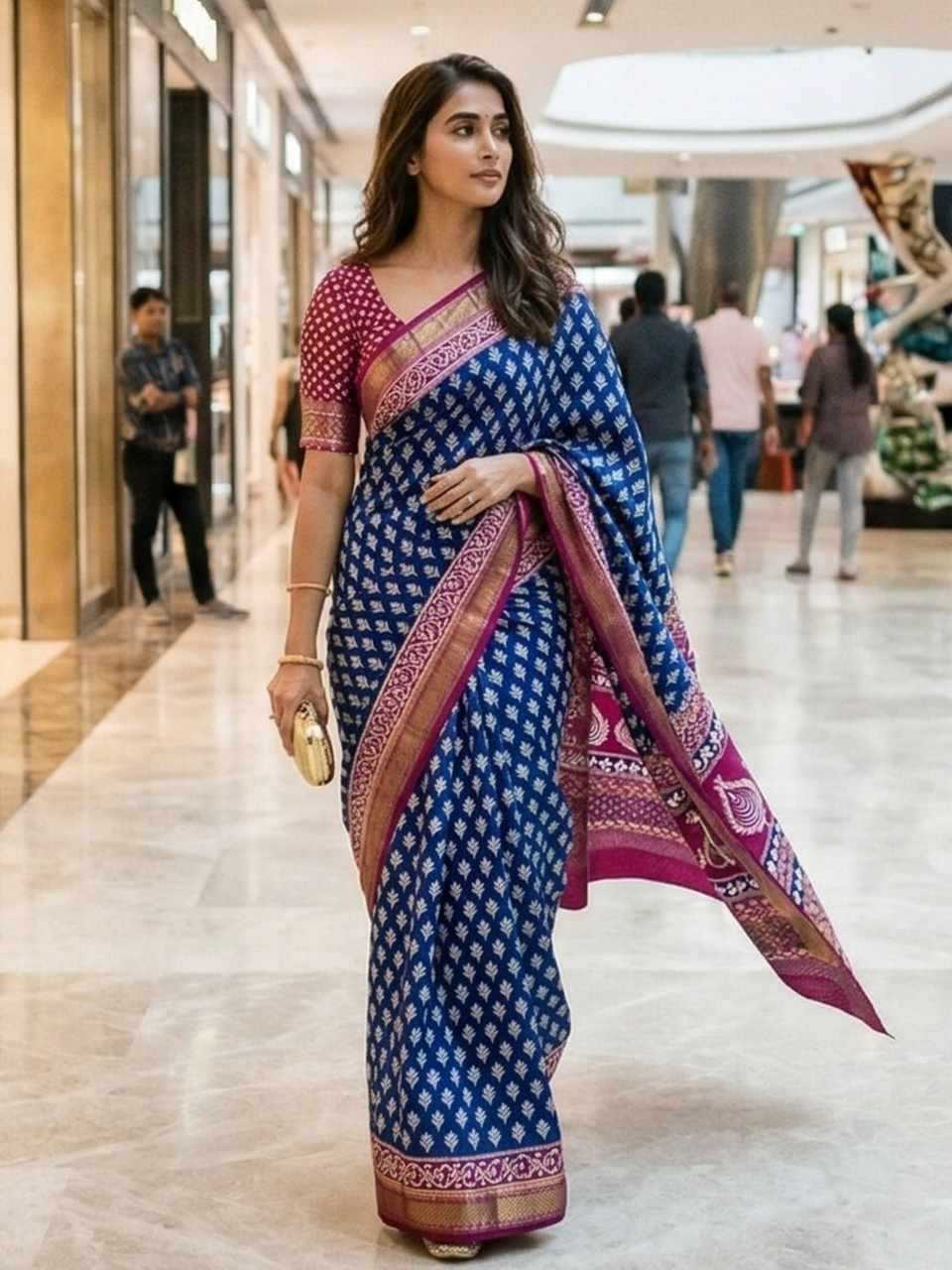 Printed Mulmul Zari Border Cotton Saree (Blue) UNV-SR-004