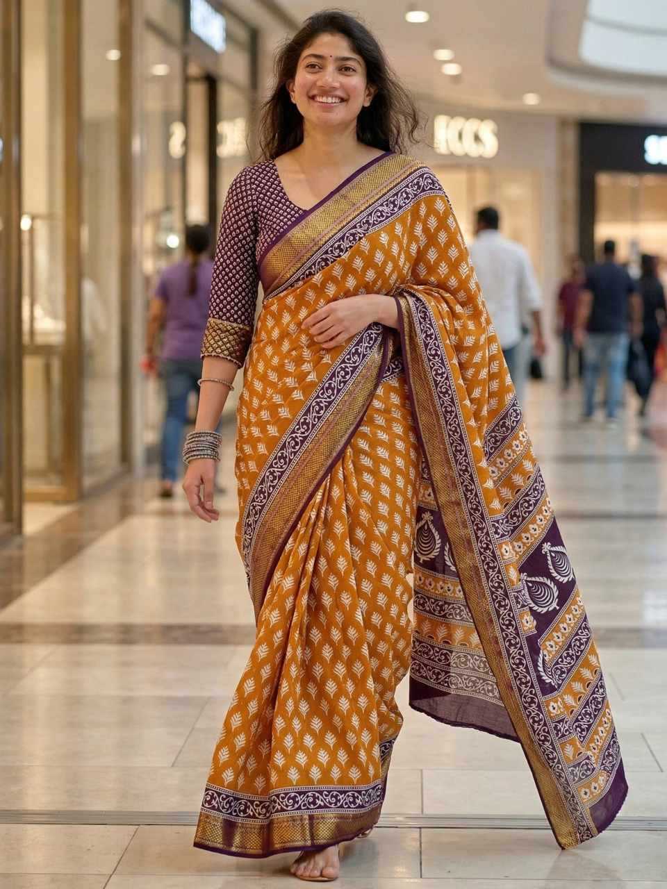 Printed Mulmul Zari Border Cotton Saree (Mustard) UNV-SR-004