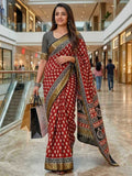 Printed Mulmul Zari Border Cotton Saree (Red) UNV-SR-004