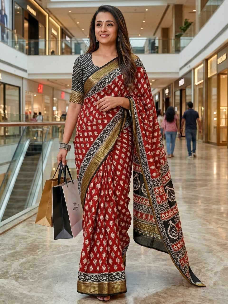 Printed Mulmul Zari Border Cotton Saree (Red) UNV-SR-004