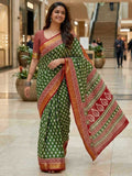 Printed Mulmul Zari Border Cotton Saree (Green) UNV-SR-004