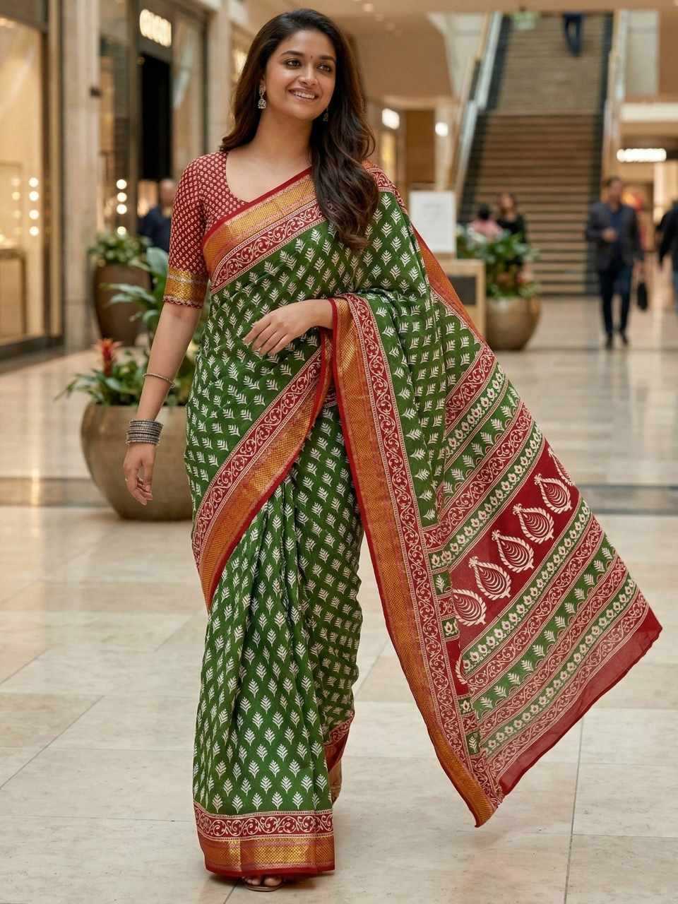 Printed Mulmul Zari Border Cotton Saree (Green) UNV-SR-004