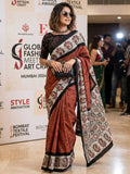 Hand Printed Mulmul Cotton Saree (Brown Rust) UNV-SR-005
