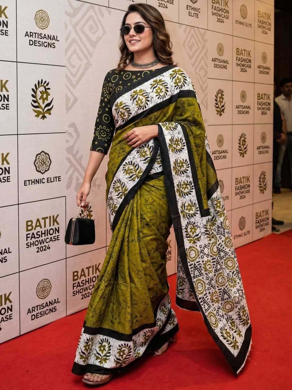 Hand Printed Mulmul Cotton Saree (Bottle Green) UNV-SR-005