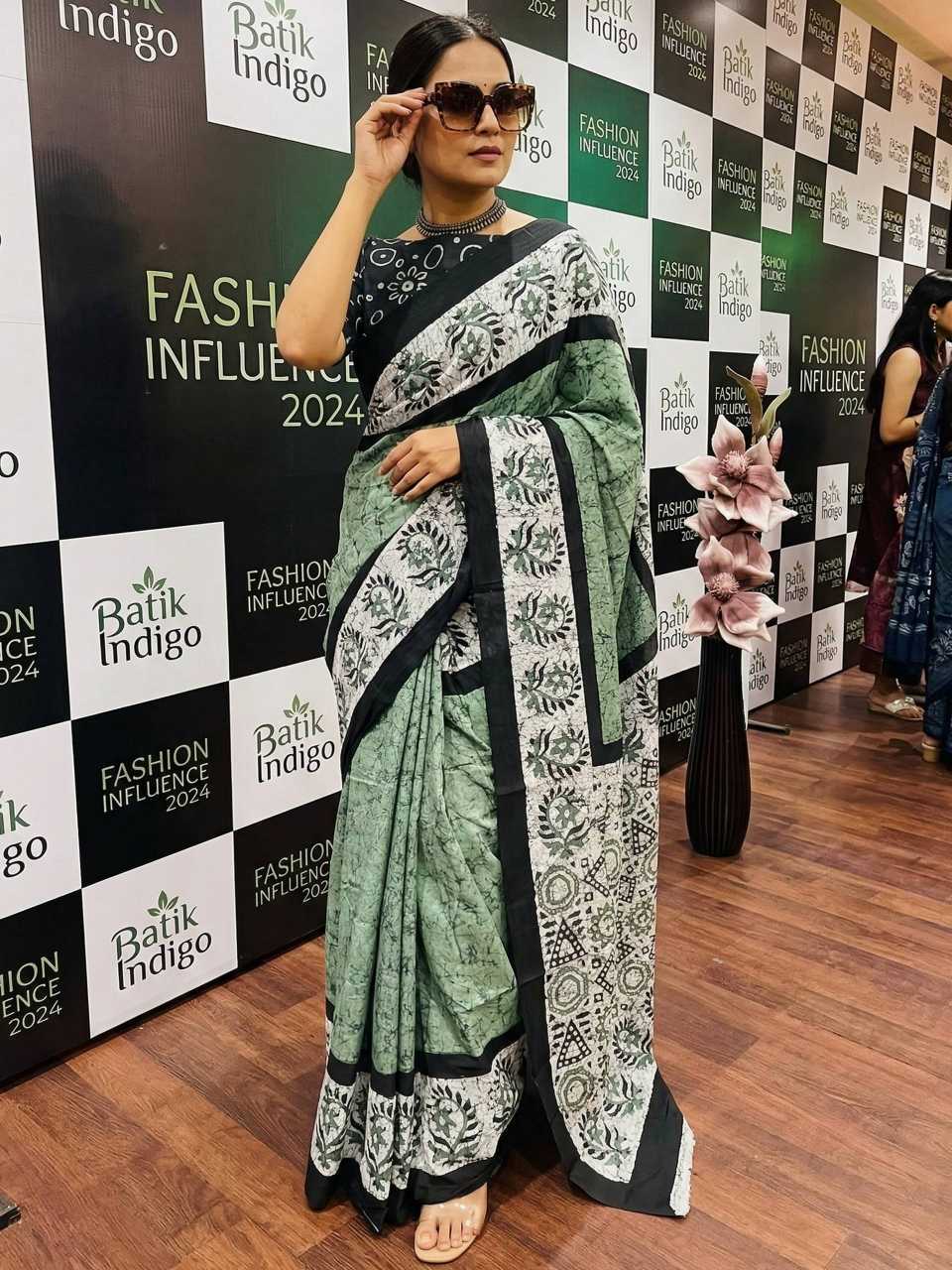 Hand Printed Mulmul Cotton Saree (Teal) UNV-SR-005