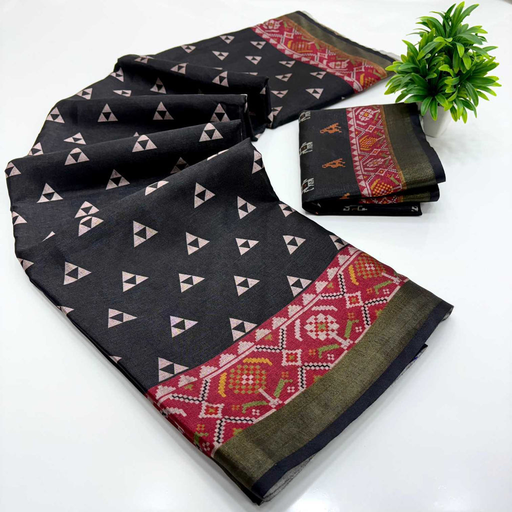 Printed Mulmul Cotton Saree (Black) UNV-SR-007
