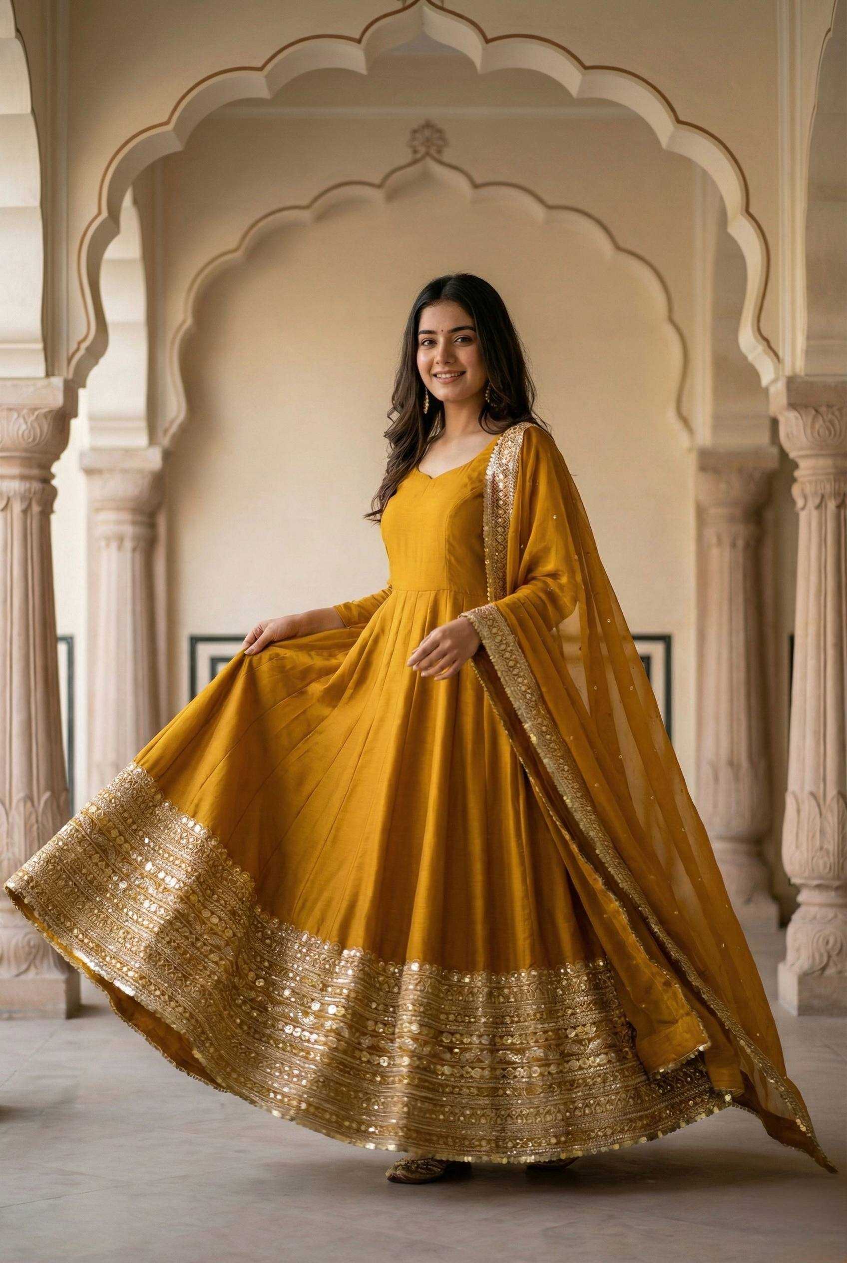 Heavy Roman Silk Anarkali Gown (Yellow) UNV-GN-004