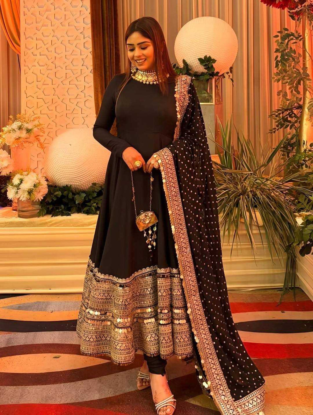 Heavy Roman Silk Anarkali Gown (Black) UNV-GN-004
